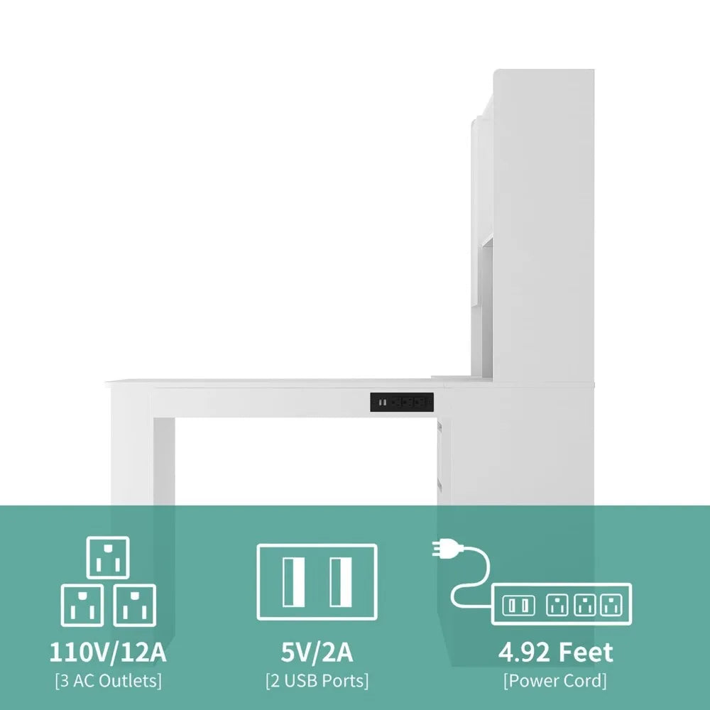 L Shaped Computer Desk with Hutch, Corner Computer Desk with Charging Station, Home Office Desk with Drawers, White, Customized