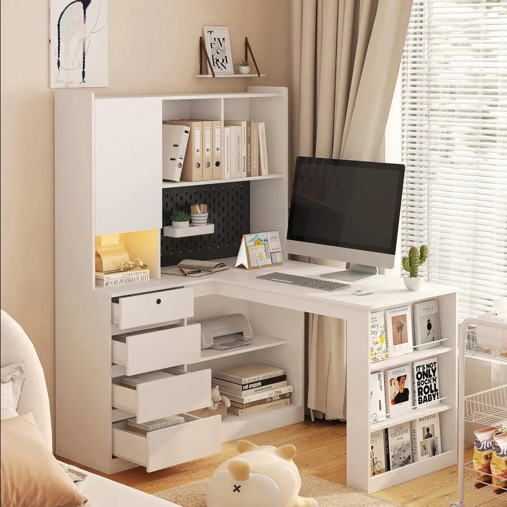 L Shaped Computer Desk with Hutch, Corner Computer Desk with Charging Station, Home Office Desk with Drawers, White, Customized