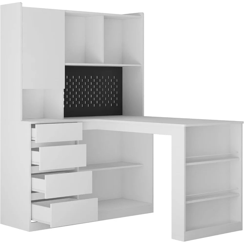 L Shaped Computer Desk with Hutch, Corner Computer Desk with Charging Station, Home Office Desk with Drawers, White, Customized