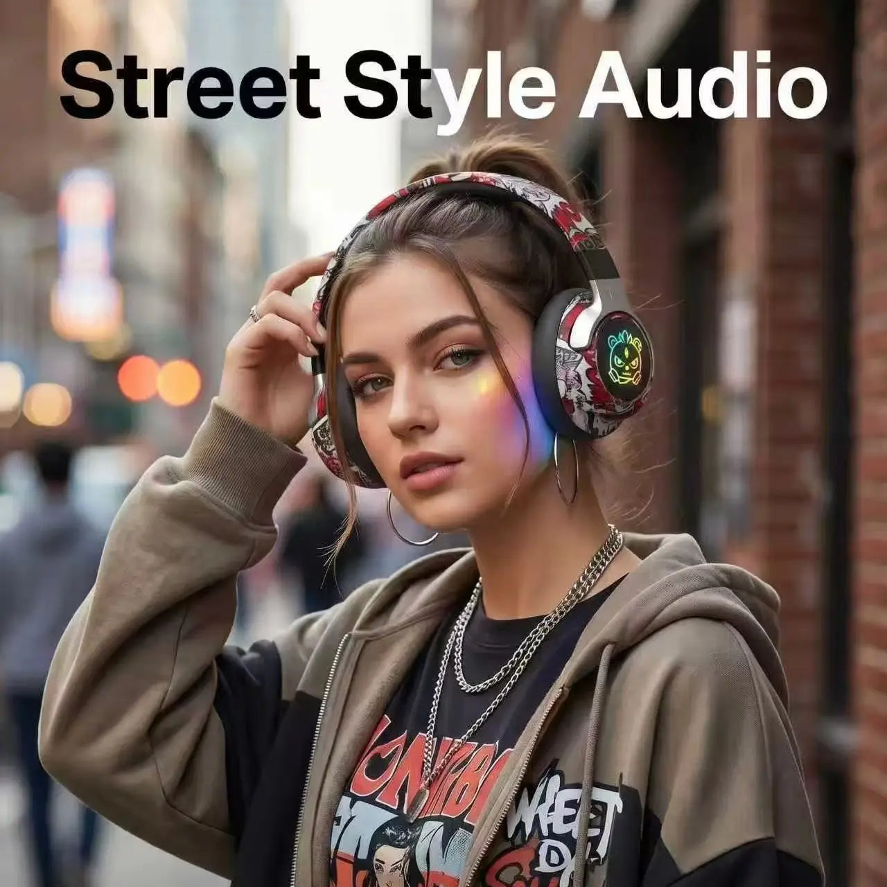Wireless Headphones Graffiti Style LED Light Up Foldable Over Ear 350mAh Type-C Rechargeable