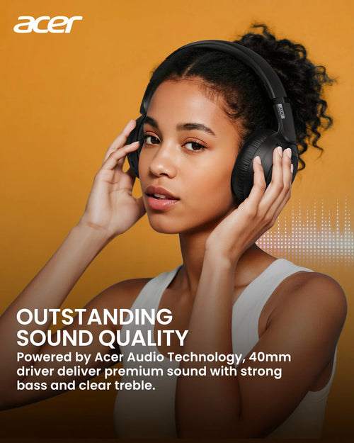 Acer OHR205 Wireless Bluetooth 6.0 Headphones Foldable Over-Ear Headphones Memory Foam Earpads Multipoint