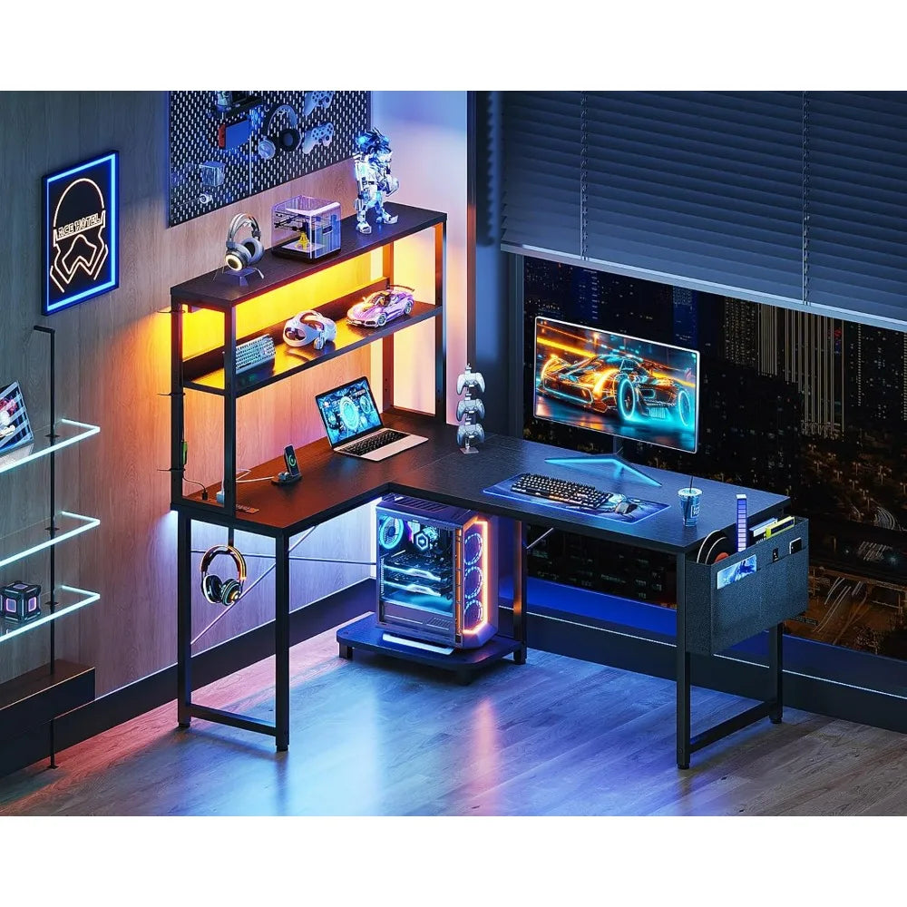 Casaottima 43 Inch Reversible L Shaped Gaming Desk, Power Outlets & LED Lights, Shelves & Storage Bag Corner Computer Table