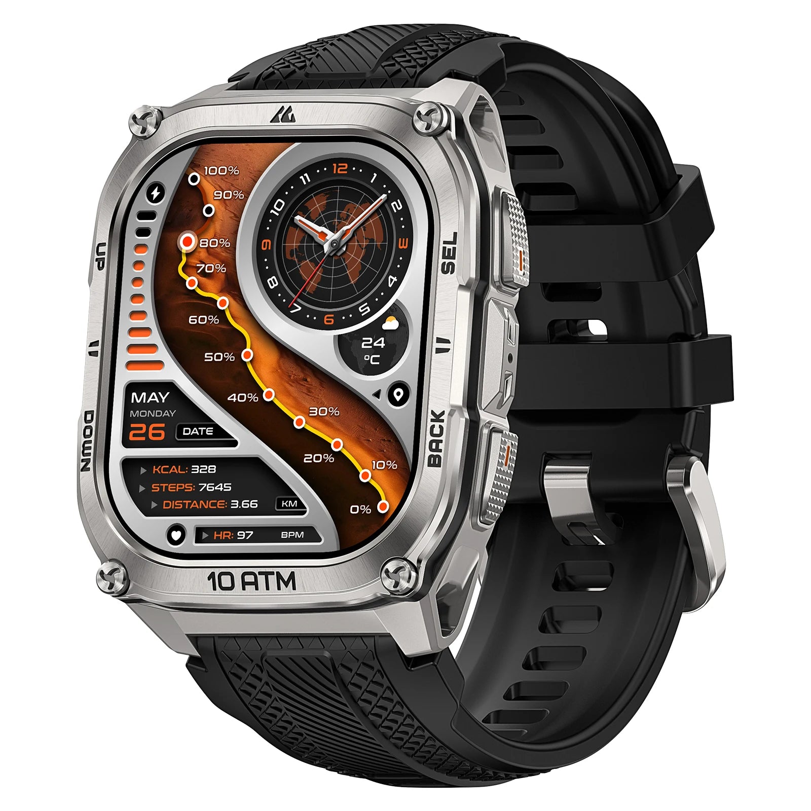 KOSPET Tank M4 Smart Watch Stainless Steel 6-Sat GPS Offline Maps 10ATM Waterproof 45M Dive 24/7 Health Monitor for Android iOS