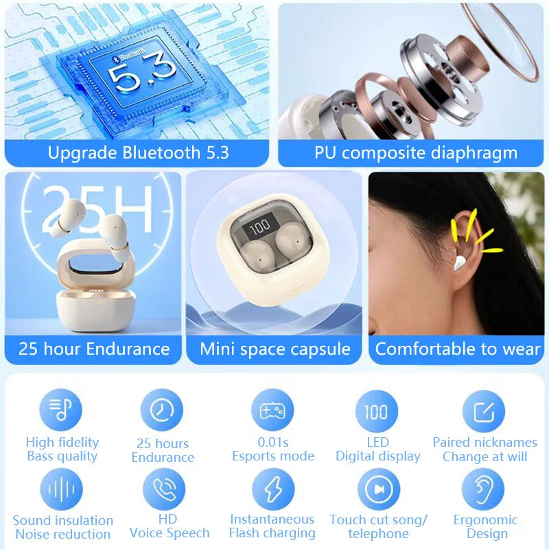 SK Small Headphones Wireless Bluetooth Headset Sport Sleeping Invisible Comfortable To Wear Bass Earbuds