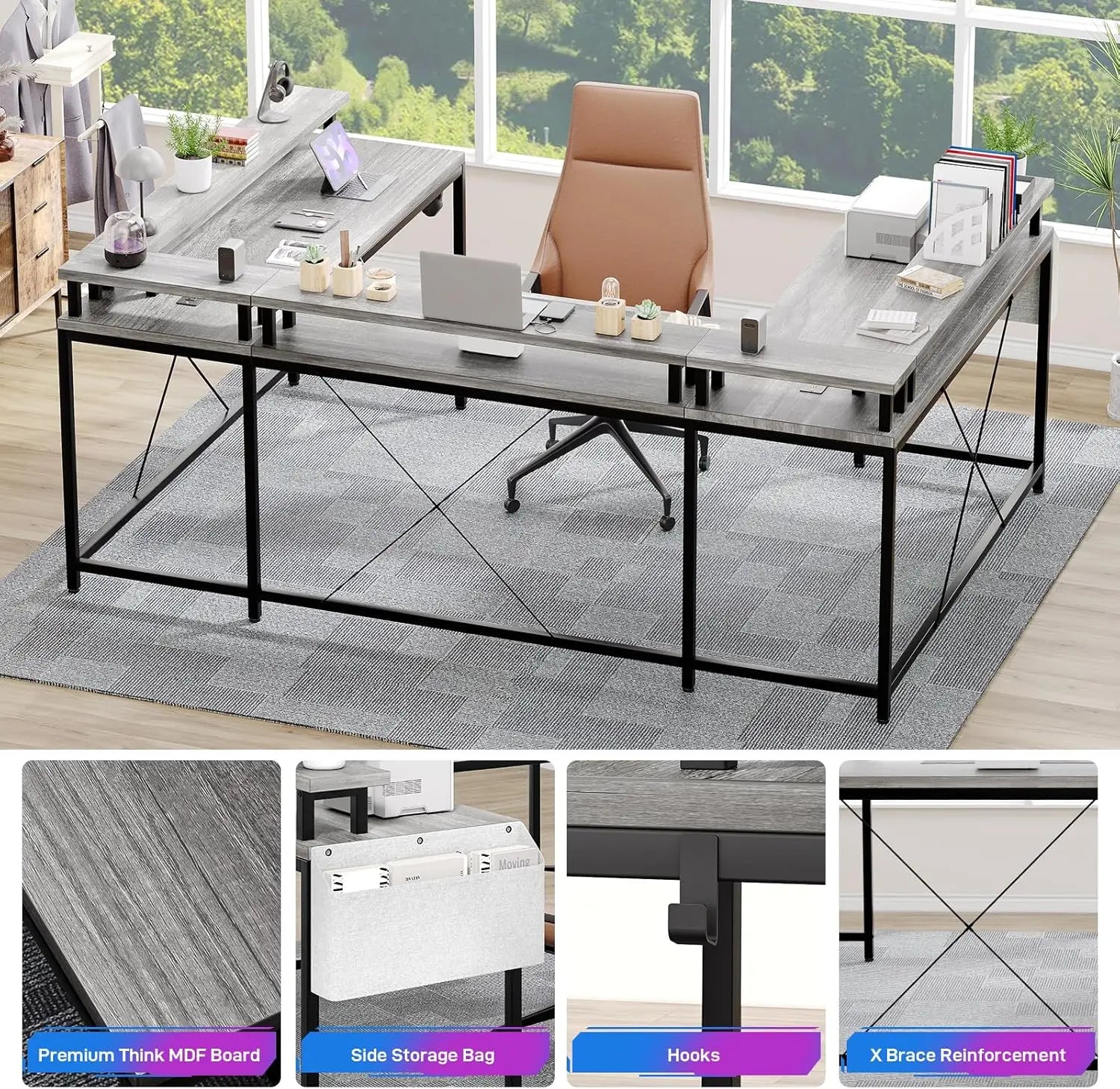 U Shaped Gaming Desk with Monitor Stand Storage Shelves, Corner Computer Desk with 2 Power Outlet Adjustable RGB Color LED Light