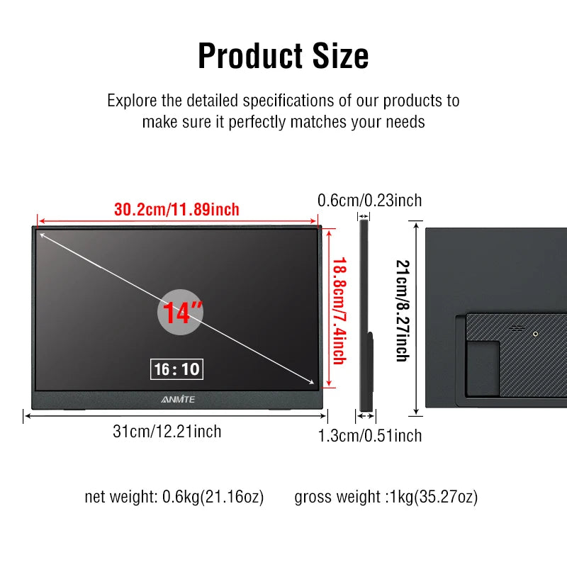 Anmite 14 inch Touch Portable Monitor 1200P HDR IPS Gaming Monitor USB TYPE C HDMI for Phone Laptop Desktop Switch PS4 XBOX