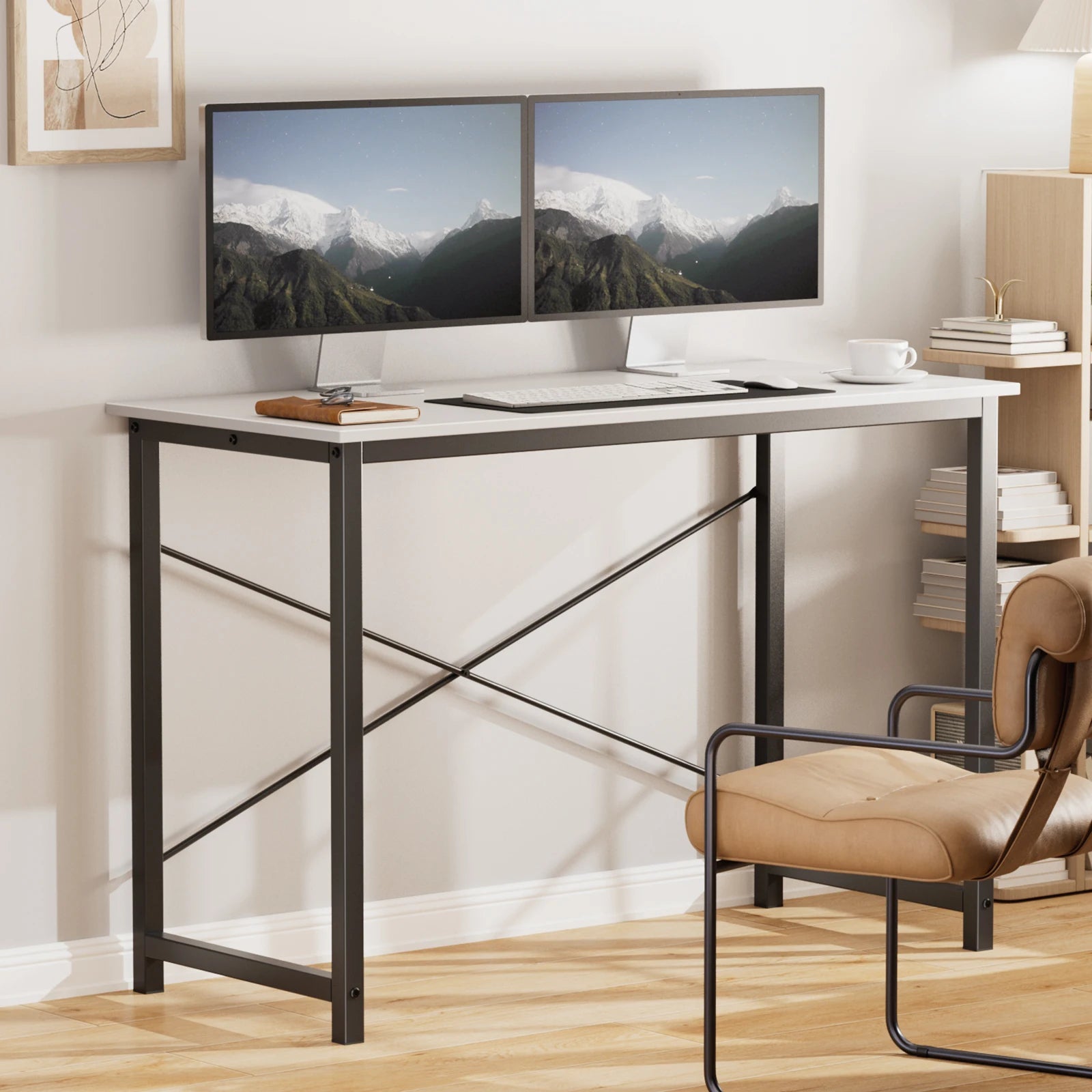 JHK Computer Office Desk Writing Study Office Gaming Table Modern Simple Style Compact Metal Frame Wood Tabletop Easy Assembly