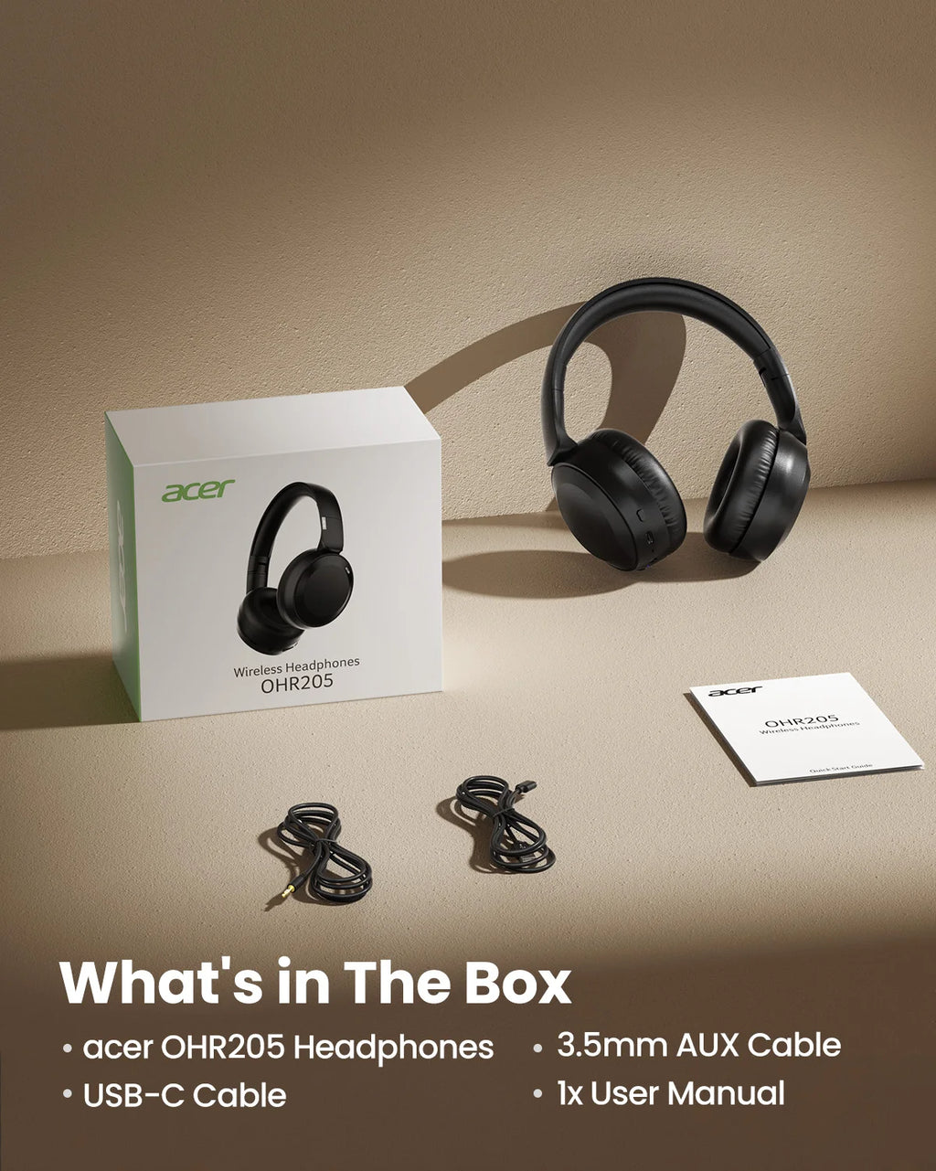 Acer OHR205 Wireless Bluetooth 6.0 Headphones Foldable Over-Ear Headphones Memory Foam Earpads Multipoint