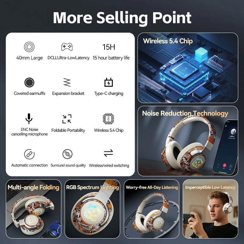 Wireless Headphones Graffiti Style LED Light Up Foldable Over Ear 350mAh Type-C Rechargeable