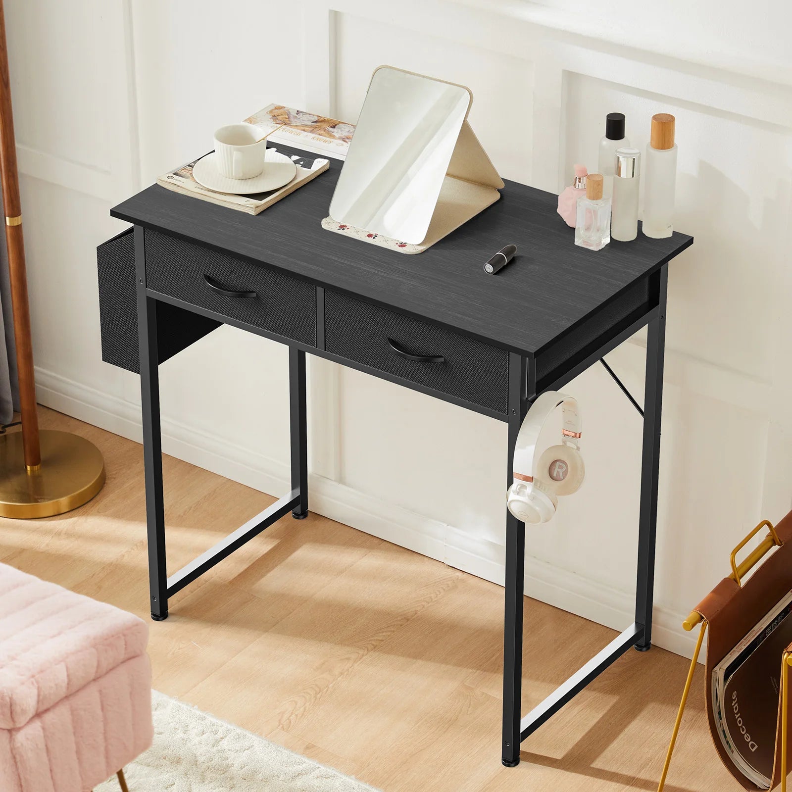 JHK 32 Inch Modern Office Computer Desk with Fabric Storage Drawers Space Side Bag Metal Frame Adjustable Feet For Home PC Table