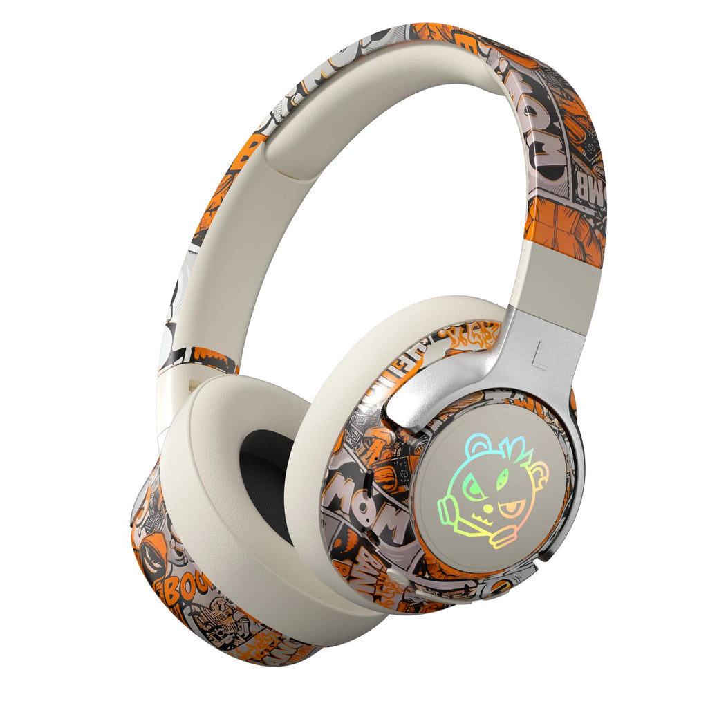 Wireless Headphones Graffiti Style LED Light Up Foldable Over Ear 350mAh Type-C Rechargeable