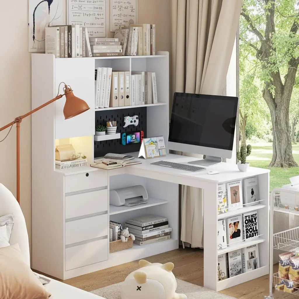 L Shaped Computer Desk with Hutch, Corner Computer Desk with Charging Station, Home Office Desk with Drawers, White, Customized