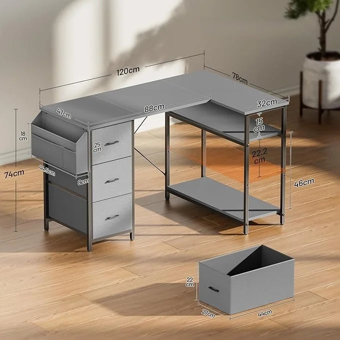120/140cm Computer Desk, Corner Office Desk with 3 Fabric Drawers, L Shape Deskwith Side Pocket, PC Table for Office Gaming