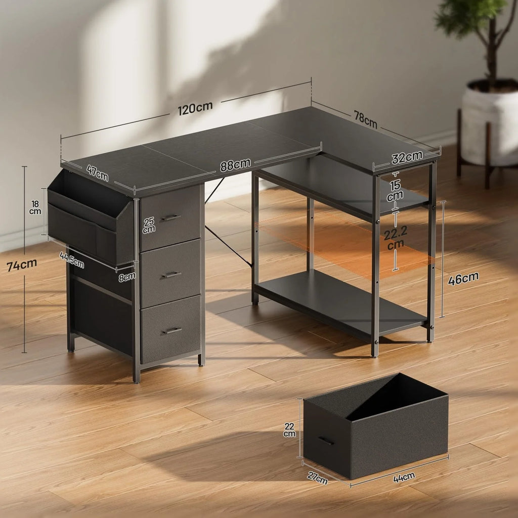 120/140cm Computer Desk, Corner Office Desk with 3 Fabric Drawers, L Shape Deskwith Side Pocket, PC Table for Office Gaming