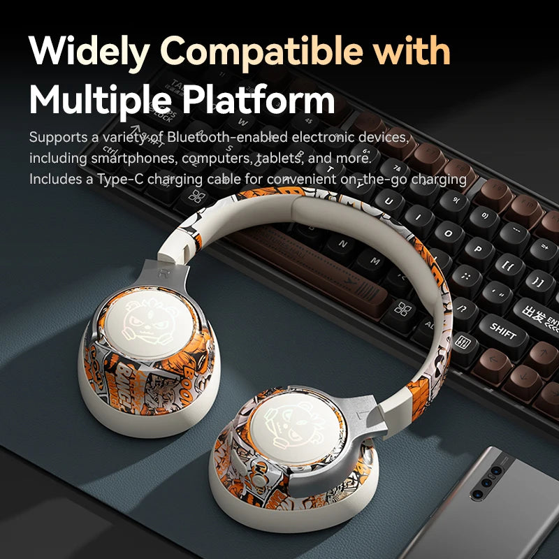 Wireless Headphones Graffiti Style LED Light Up Foldable Over Ear 350mAh Type-C Rechargeable