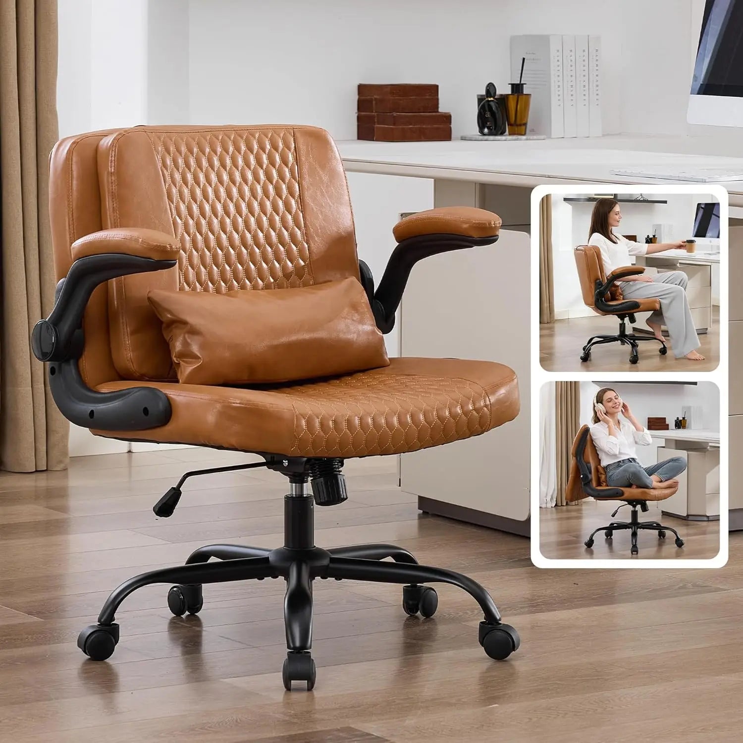 TCGBKAF Ergonomic Office Chair Criss Cross Chair with Flip Backrest PU Leather Adjustable Height Swivel Chair with Flip Up Arms