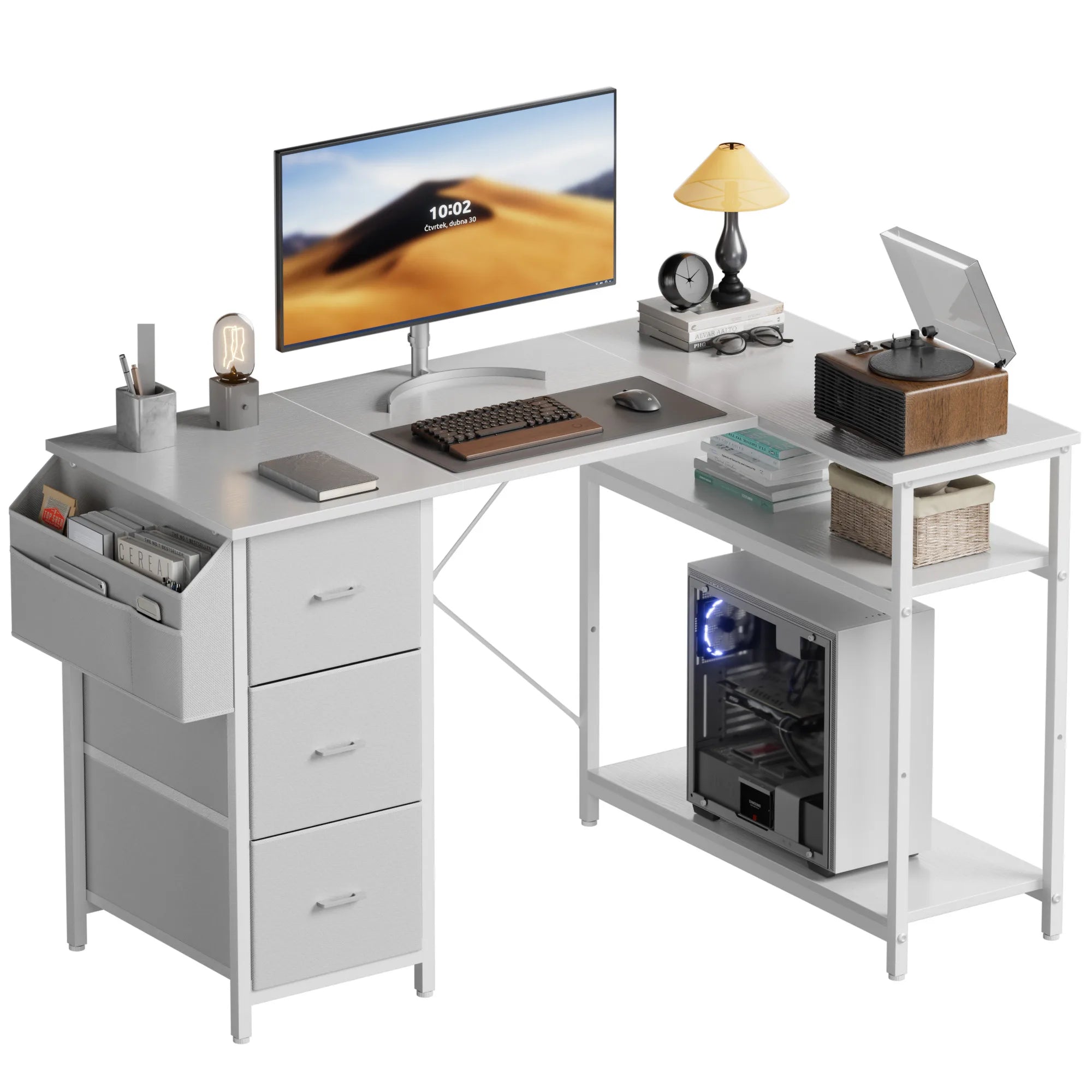 120/140cm Computer Desk, Corner Office Desk with 3 Fabric Drawers, L Shape Deskwith Side Pocket, PC Table for Office Gaming