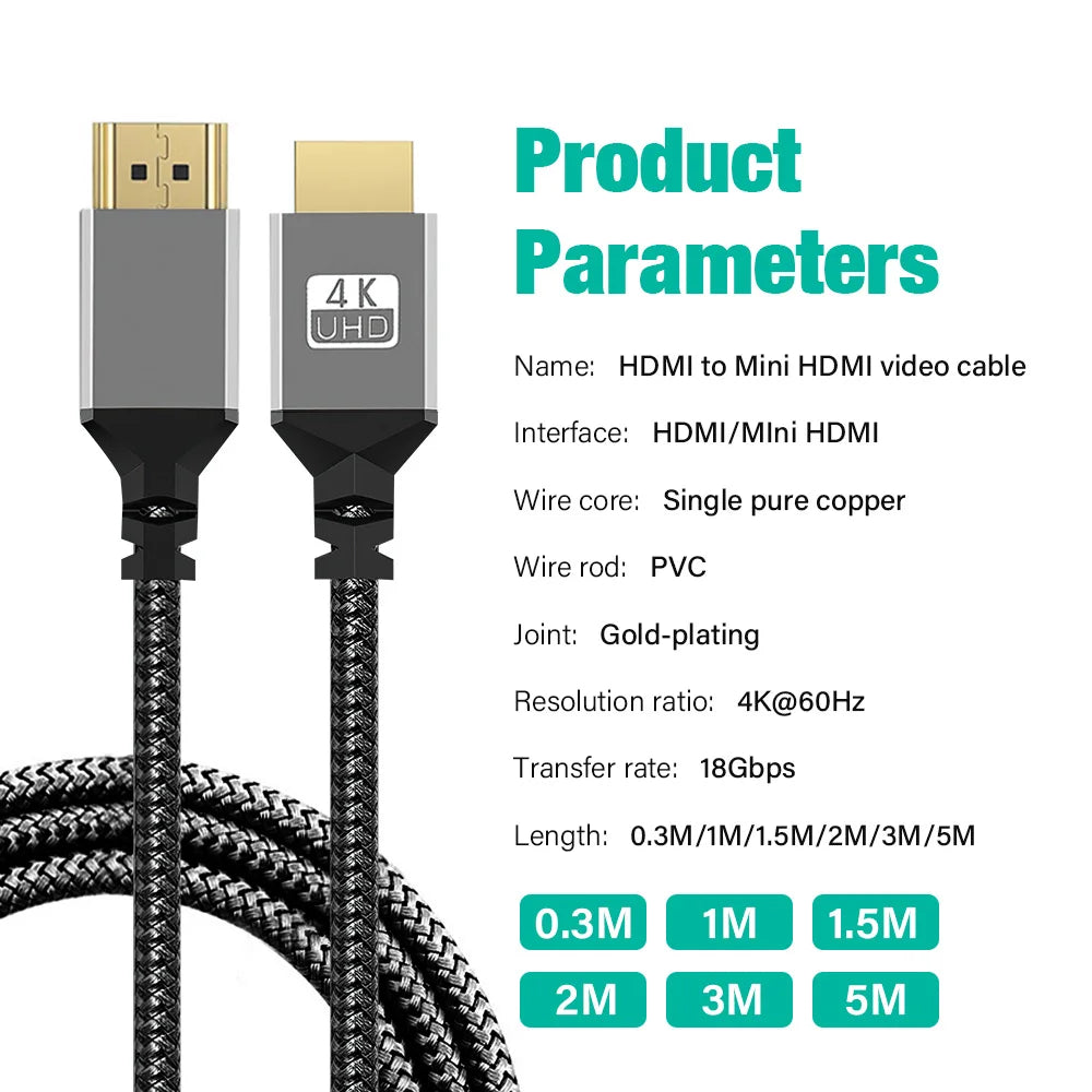 MINI HDMI To HDMI Cable HDMI2.0 2.0 MINIHDMI Male to Male 4K 60HZ HD Adapter Converter 1M 2M 3M 5M 1 2 3 5 Meter Long 30cm Short