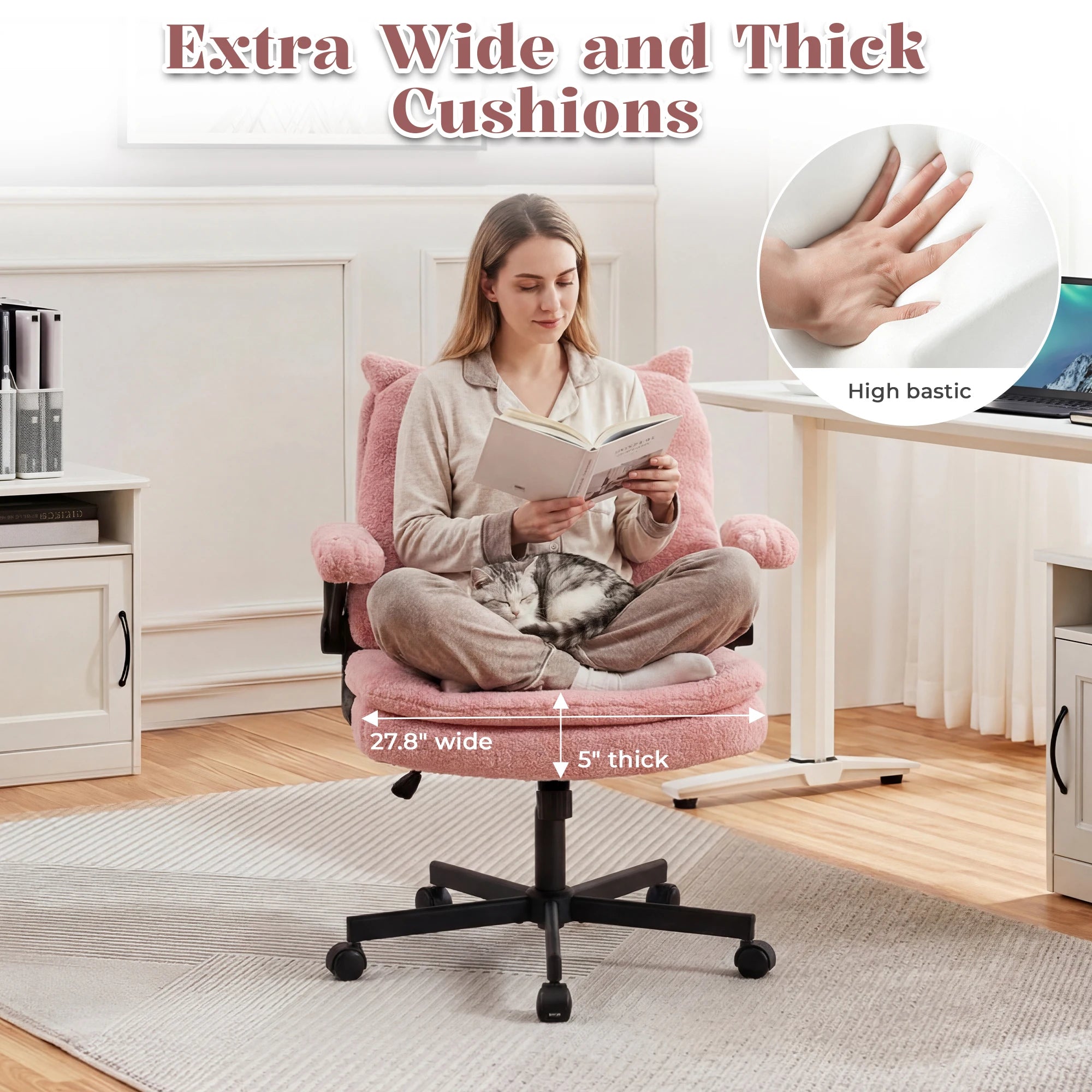 TCGBKAF Pink Criss Cross Chair with Wheels&Flip-Up Arms 25" Seat Cross Legged Office Chair with Flip-Up Back Ergonomic Computer Desk Chair Adjustable Swivel Vanity Fleece Chair for Home&Bedroom