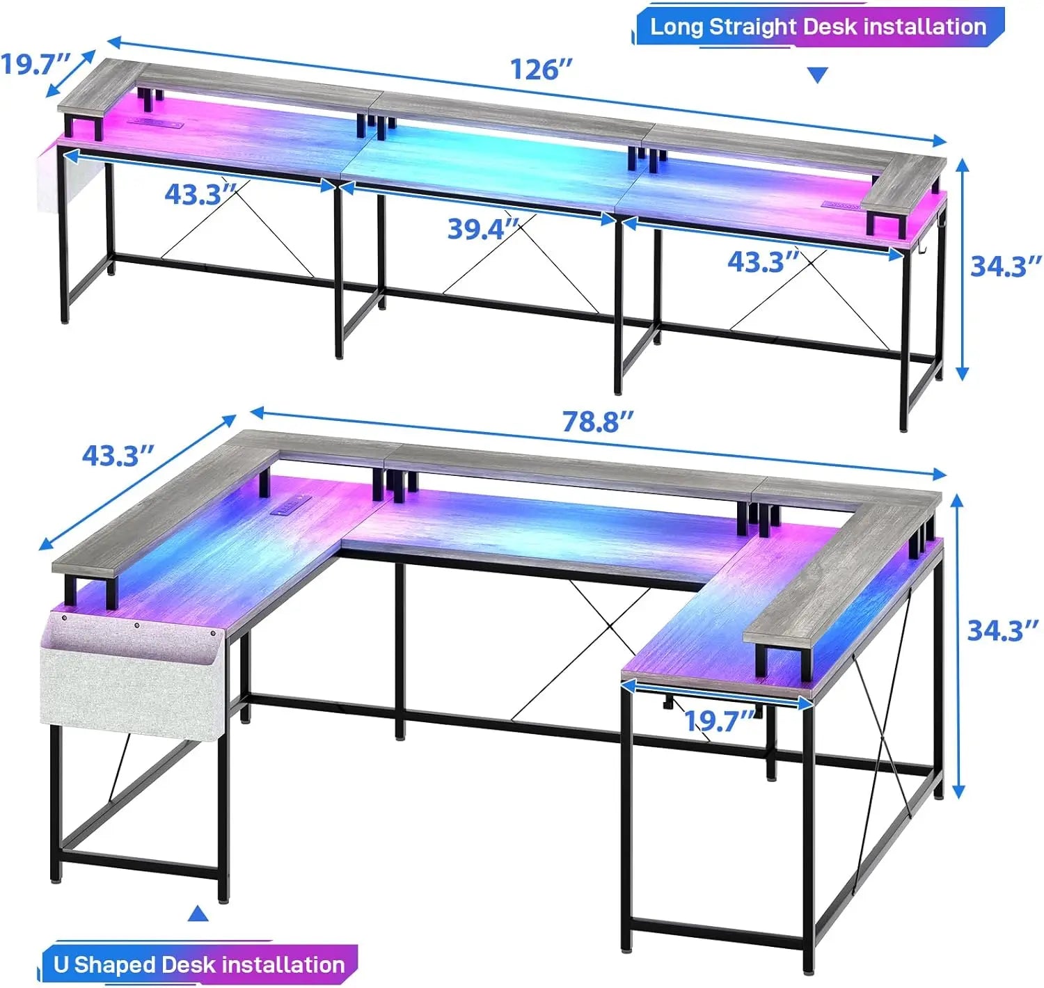U Shaped Gaming Desk with Monitor Stand Storage Shelves, Corner Computer Desk with 2 Power Outlet Adjustable RGB Color LED Light