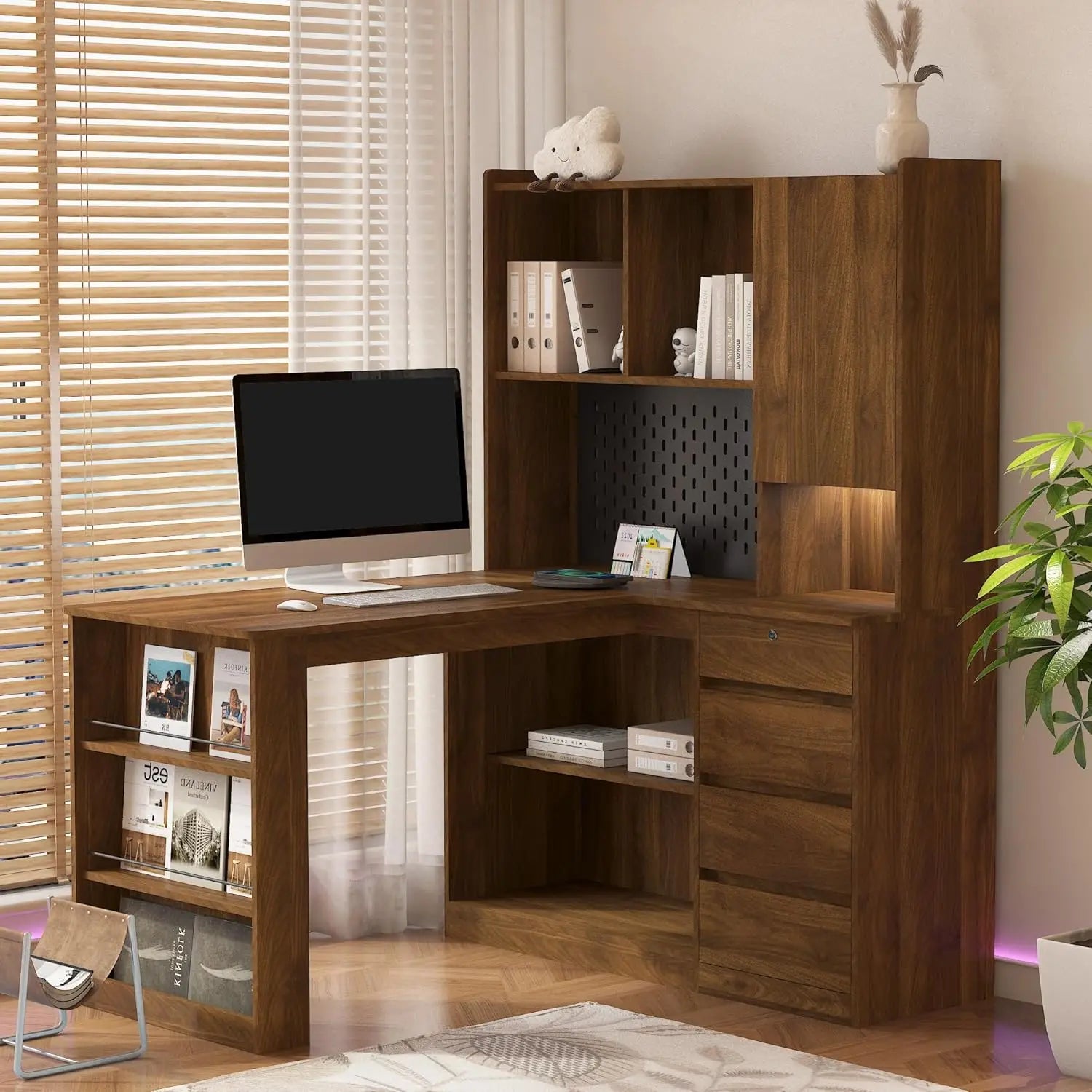 L Shaped Computer Desk with Hutch, Corner Computer Desk with Charging Station, Home Office Desk with Drawers, White, Customized