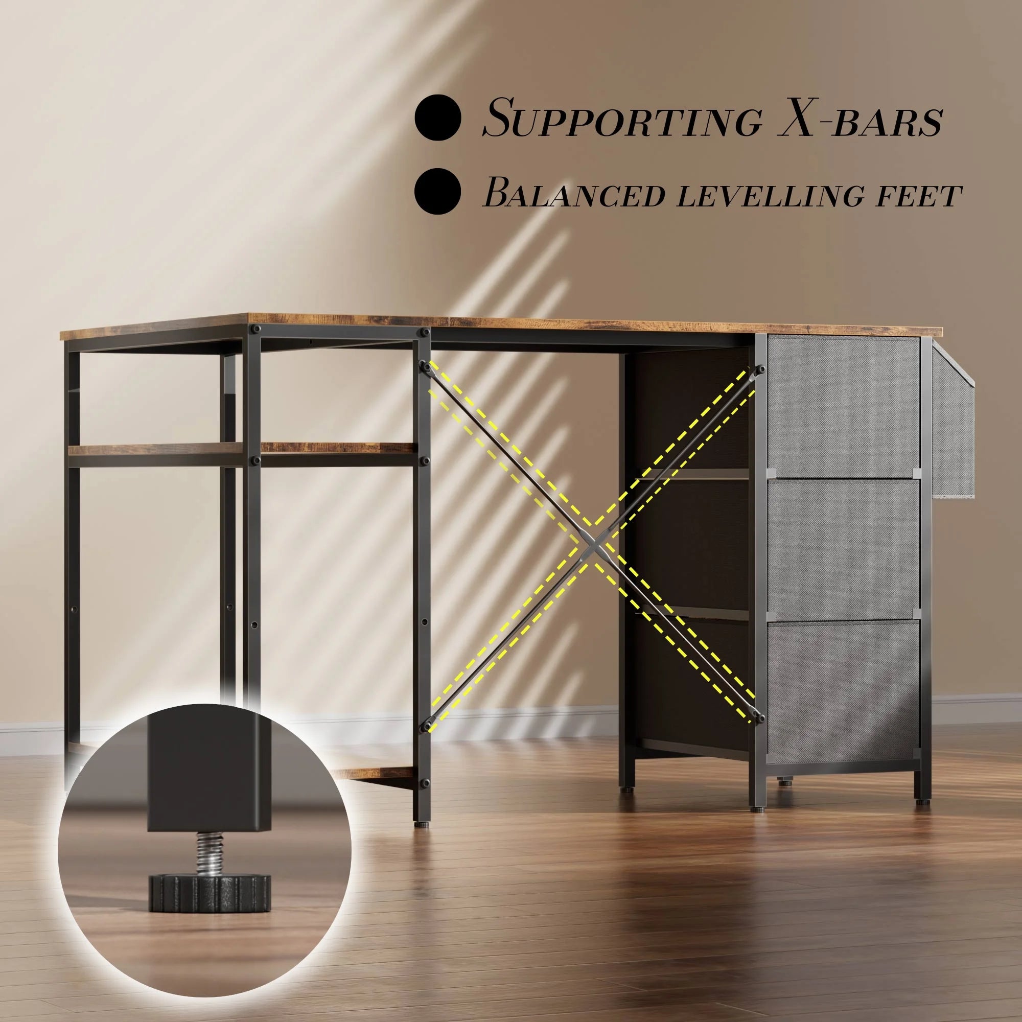120/140cm Computer Desk, Corner Office Desk with 3 Fabric Drawers, L Shape Deskwith Side Pocket, PC Table for Office Gaming