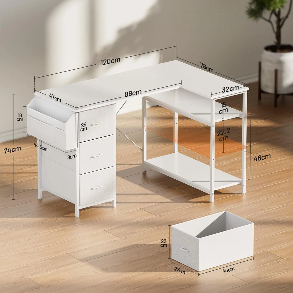 120/140cm Computer Desk, Corner Office Desk with 3 Fabric Drawers, L Shape Deskwith Side Pocket, PC Table for Office Gaming