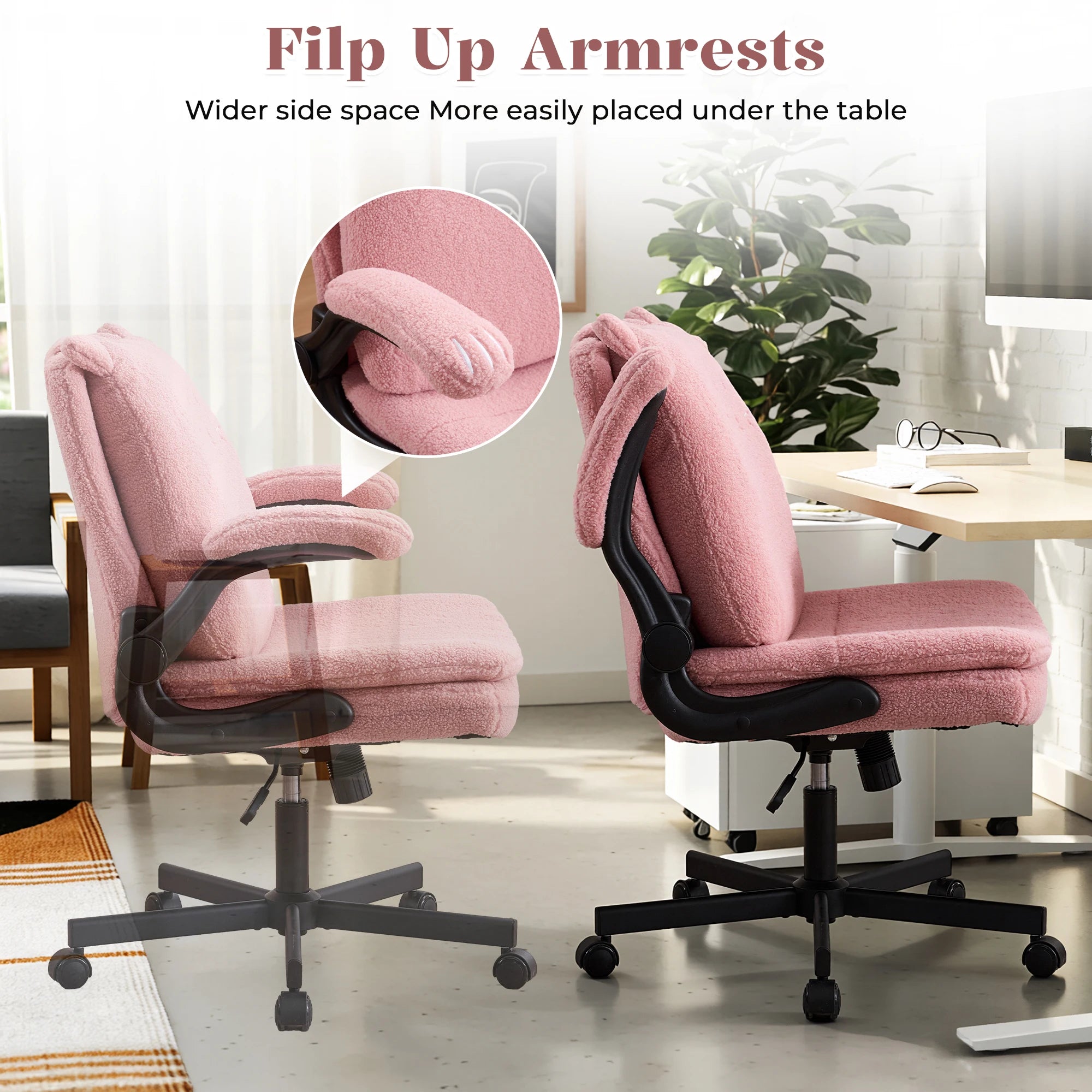 TCGBKAF Pink Criss Cross Chair with Wheels&Flip-Up Arms 25" Seat Cross Legged Office Chair with Flip-Up Back Ergonomic Computer Desk Chair Adjustable Swivel Vanity Fleece Chair for Home&Bedroom