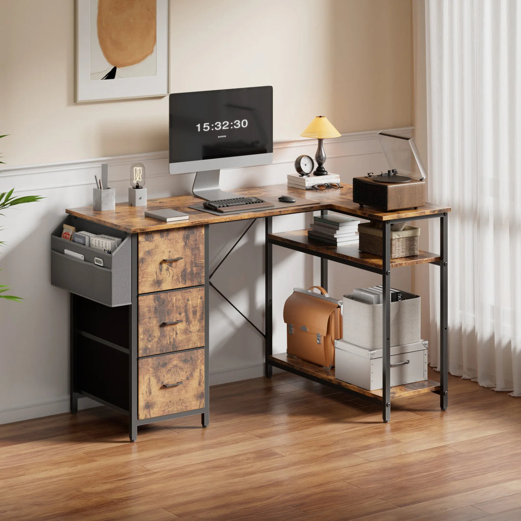 120/140cm Computer Desk, Corner Office Desk with 3 Fabric Drawers, L Shape Deskwith Side Pocket, PC Table for Office Gaming