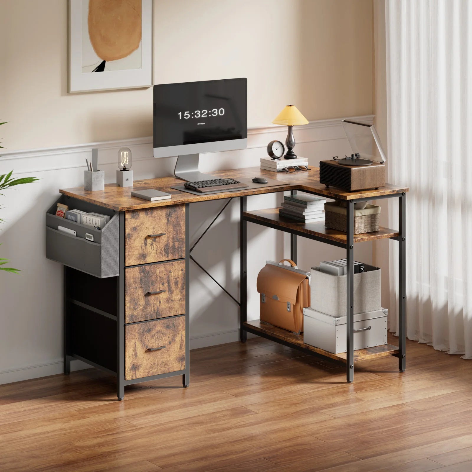 120/140cm Computer Desk, Corner Office Desk with 3 Fabric Drawers, L Shape Deskwith Side Pocket, PC Table for Office Gaming