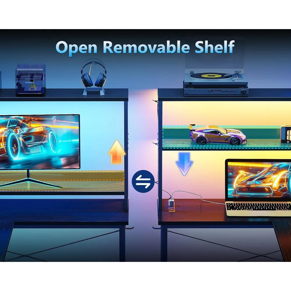 Casaottima 43 Inch Reversible L Shaped Gaming Desk, Power Outlets & LED Lights, Shelves & Storage Bag Corner Computer Table