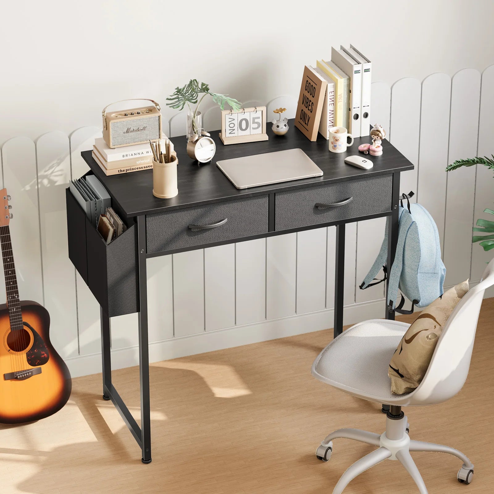 JHK 32 Inch Modern Office Computer Desk with Fabric Storage Drawers Space Side Bag Metal Frame Adjustable Feet For Home PC Table