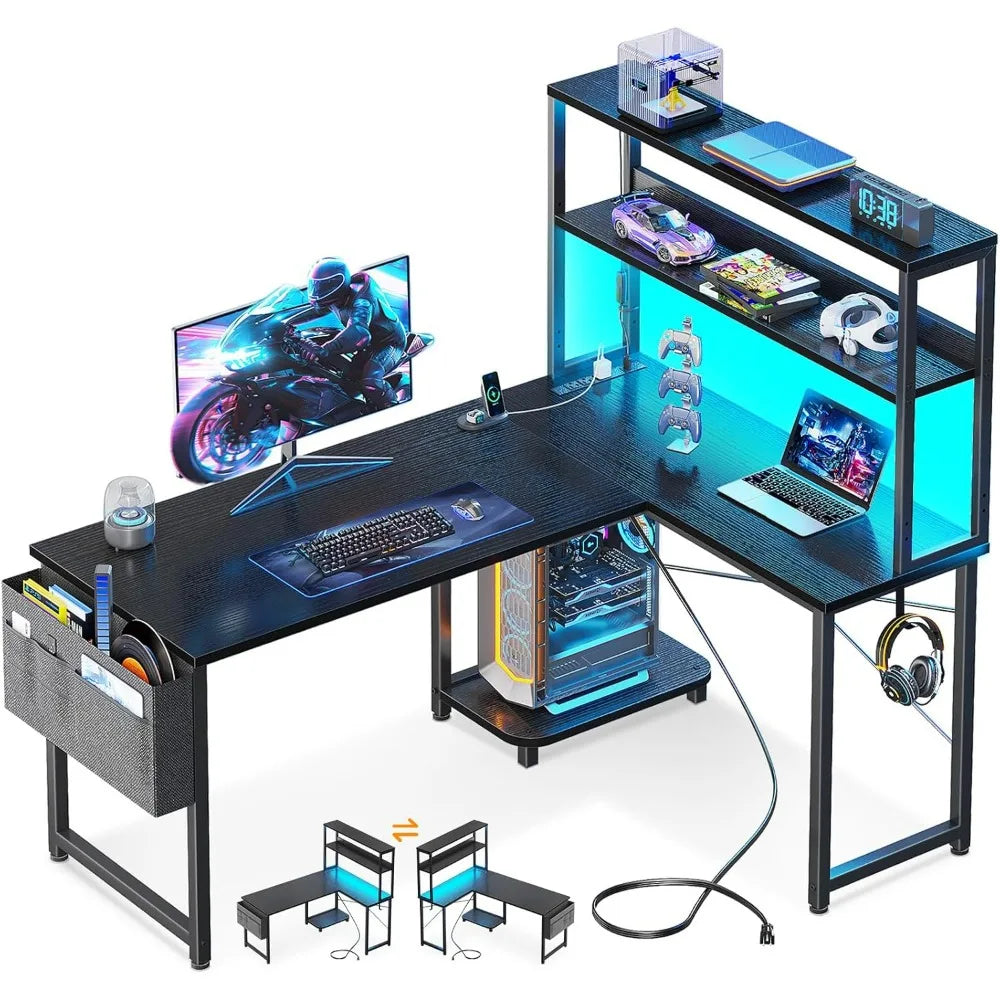 Casaottima 43 Inch Reversible L Shaped Gaming Desk, Power Outlets & LED Lights, Shelves & Storage Bag Corner Computer Table