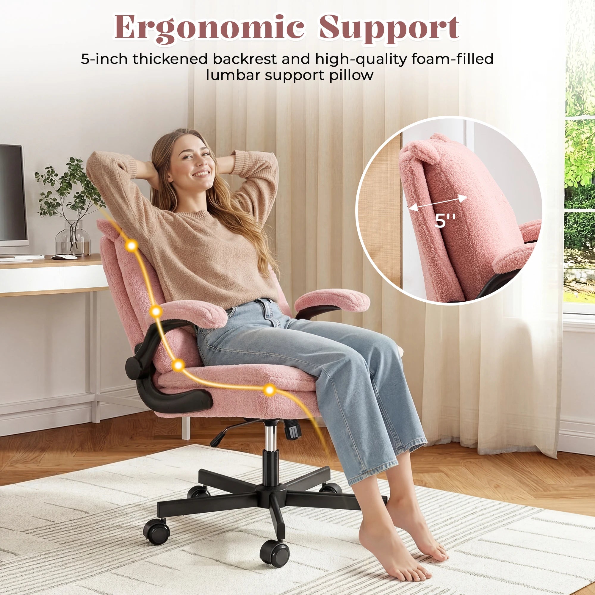 TCGBKAF Pink Criss Cross Chair with Wheels&Flip-Up Arms 25" Seat Cross Legged Office Chair with Flip-Up Back Ergonomic Computer Desk Chair Adjustable Swivel Vanity Fleece Chair for Home&Bedroom