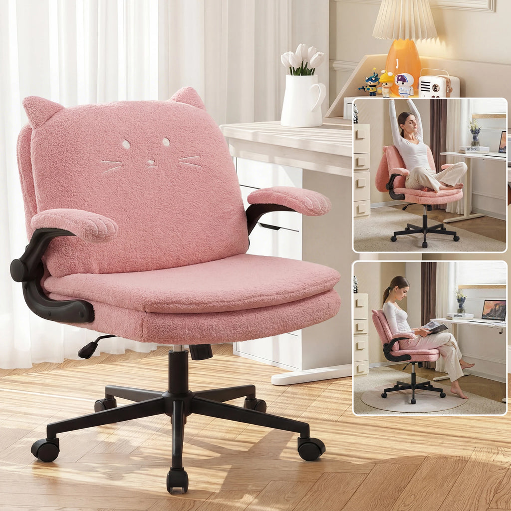 TCGBKAF Pink Criss Cross Chair with Wheels&Flip-Up Arms 25" Seat Cross Legged Office Chair with Flip-Up Back Ergonomic Computer Desk Chair Adjustable Swivel Vanity Fleece Chair for Home&Bedroom