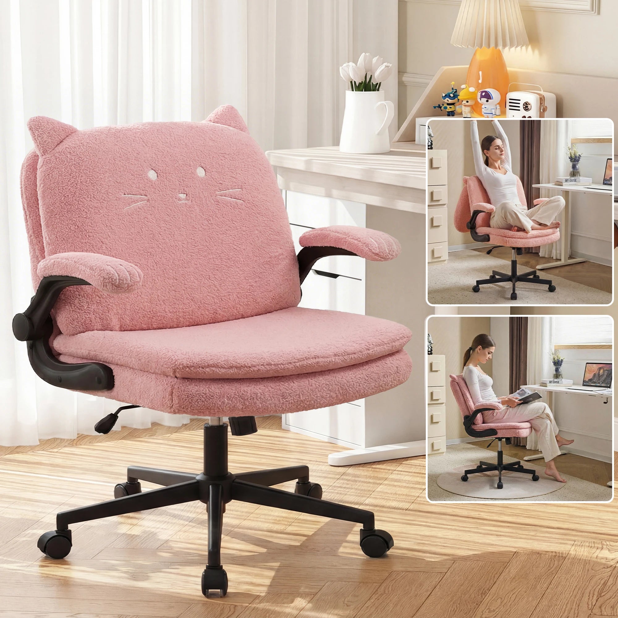 TCGBKAF Pink Criss Cross Chair with Wheels&Flip-Up Arms 25" Seat Cross Legged Office Chair with Flip-Up Back Ergonomic Computer Desk Chair Adjustable Swivel Vanity Fleece Chair for Home&Bedroom