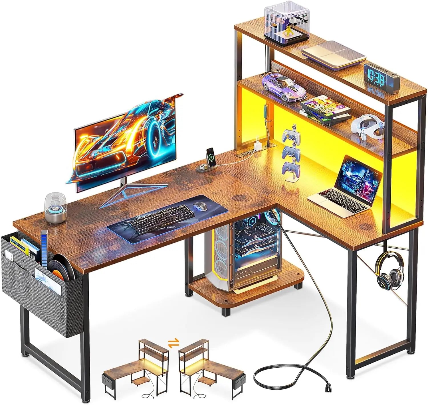 Casaottima 43 Inch Reversible L Shaped Gaming Desk, Power Outlets & LED Lights, Shelves & Storage Bag Corner Computer Table