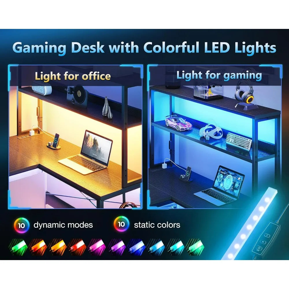 Casaottima 43 Inch Reversible L Shaped Gaming Desk, Power Outlets & LED Lights, Shelves & Storage Bag Corner Computer Table