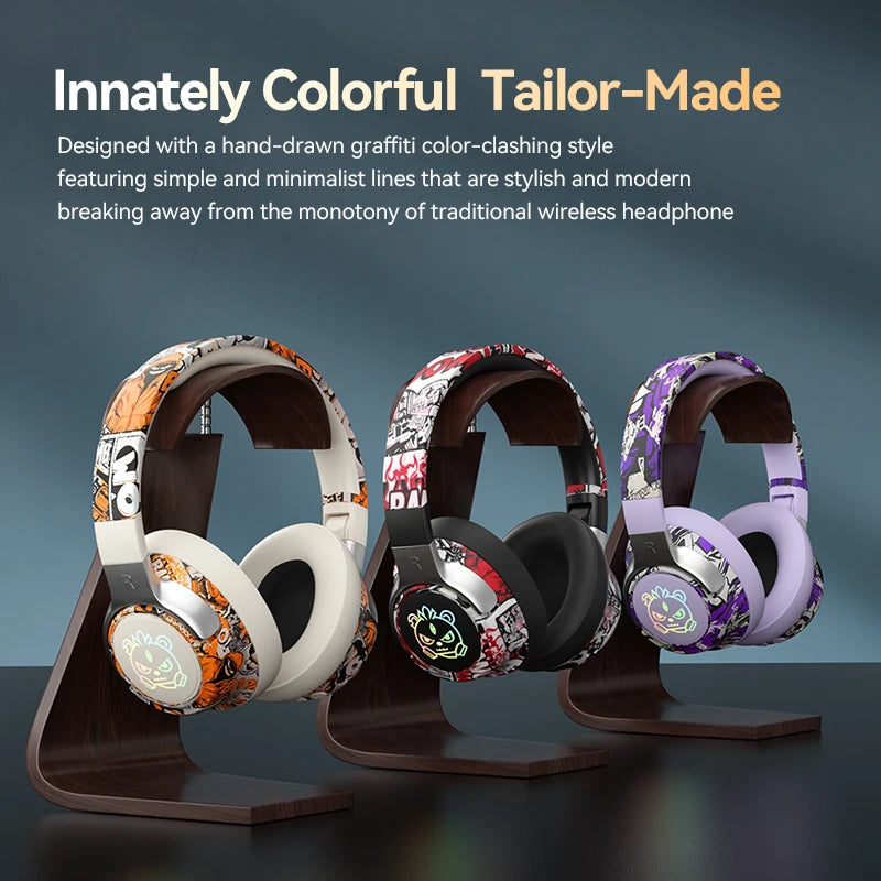 Wireless Headphones Graffiti Style LED Light Up Foldable Over Ear 350mAh Type-C Rechargeable