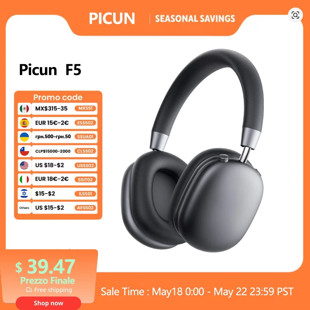 Picun F5 ANC Wireless Bluetooth 5.3 Headphones Hi-Res Audio Over Ear Headset 25dB Adaptive Noise Cancellation Earphones 50H