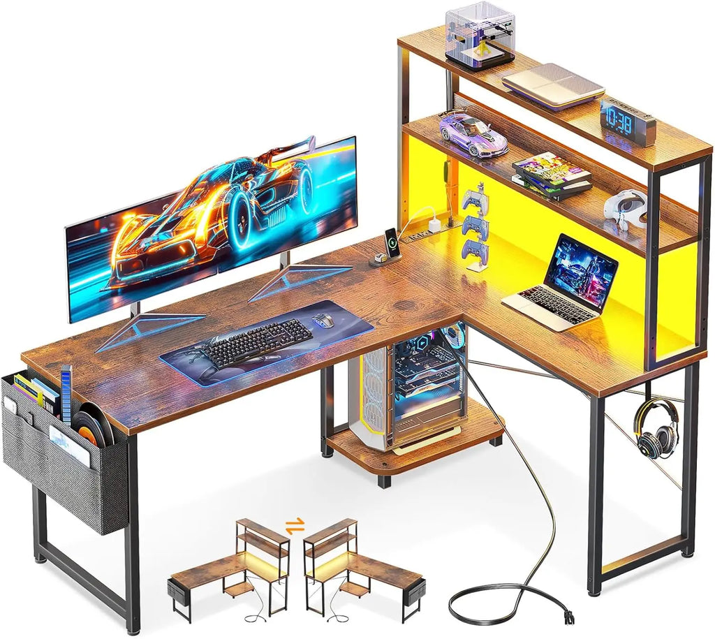 Casaottima 43 Inch Reversible L Shaped Gaming Desk, Power Outlets & LED Lights, Shelves & Storage Bag Corner Computer Table