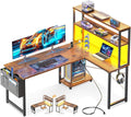 Casaottima 43 Inch Reversible L Shaped Gaming Desk, Power Outlets & LED Lights, Shelves & Storage Bag Corner Computer Table