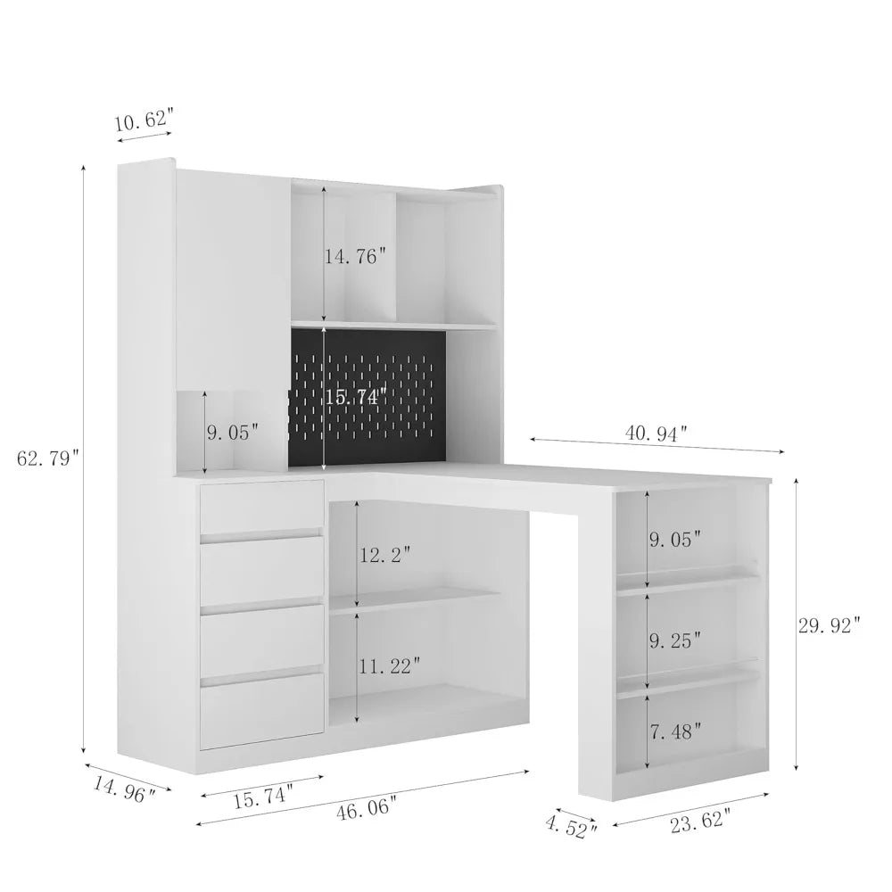 L Shaped Computer Desk with Hutch, Corner Computer Desk with Charging Station, Home Office Desk with Drawers, White, Customized