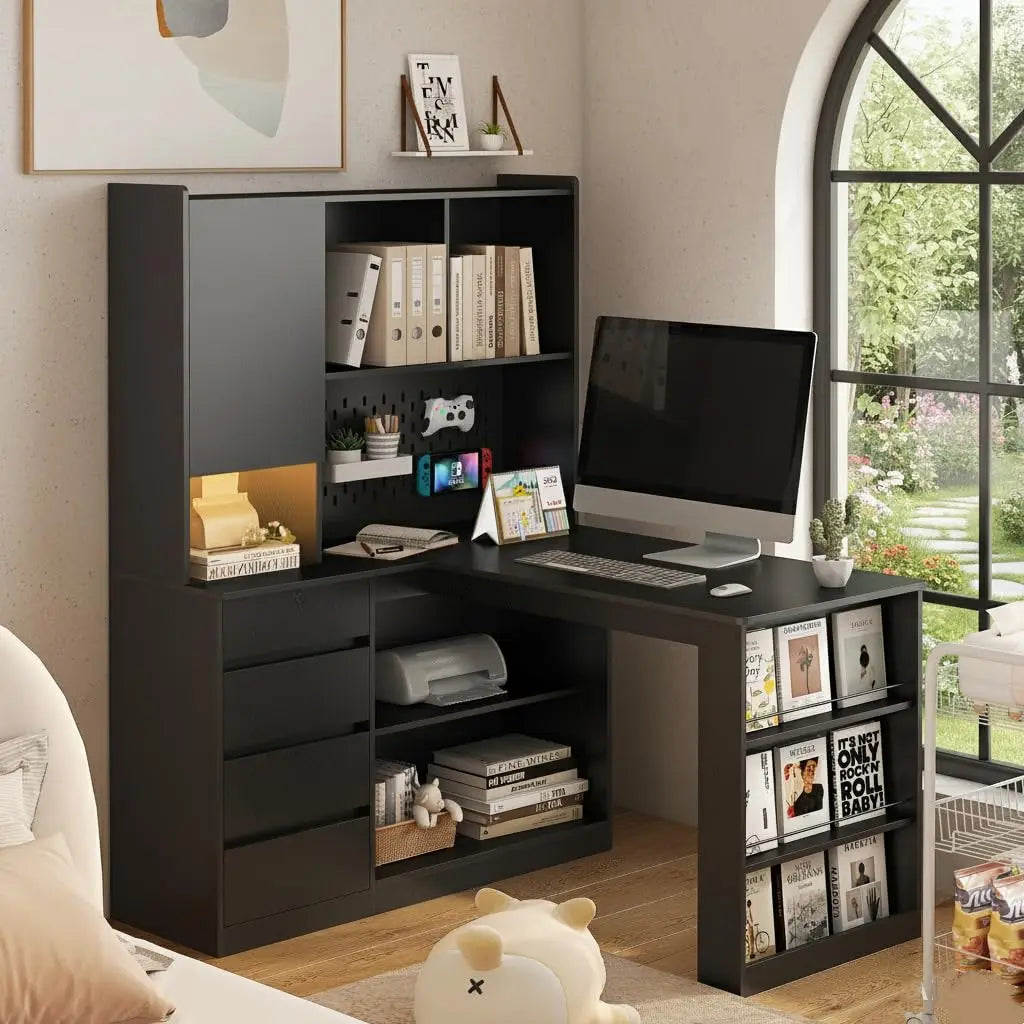 L Shaped Computer Desk with Hutch, Corner Computer Desk with Charging Station, Home Office Desk with Drawers, White, Customized
