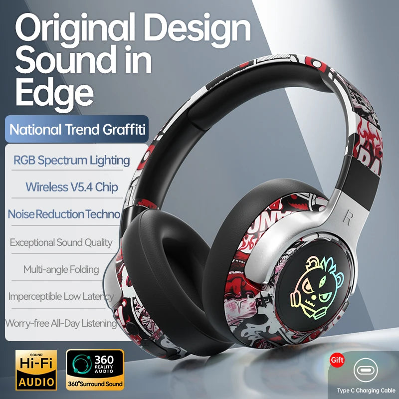 Wireless Headphones Graffiti Style LED Light Up Foldable Over Ear 350mAh Type-C Rechargeable