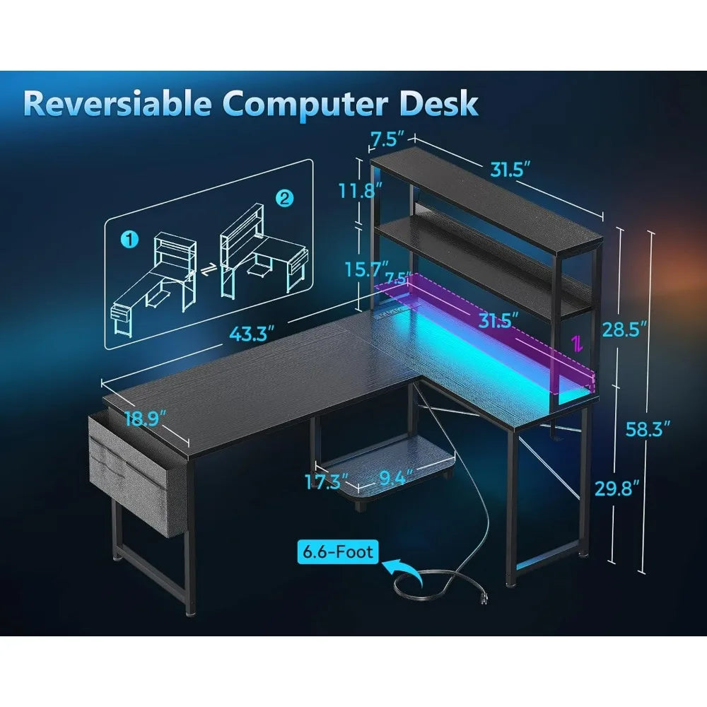 Casaottima 43 Inch Reversible L Shaped Gaming Desk, Power Outlets & LED Lights, Shelves & Storage Bag Corner Computer Table
