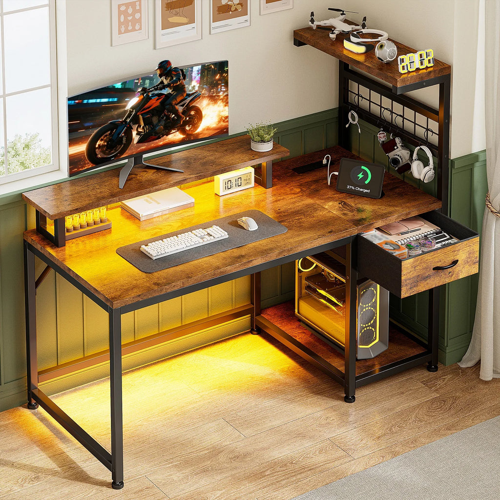 EnHomee 40"Gaming Computer Desk with Power Outlets RGB LED Lights Office Desk with Drawer Storage Shelves Monitor Stand For Small Space