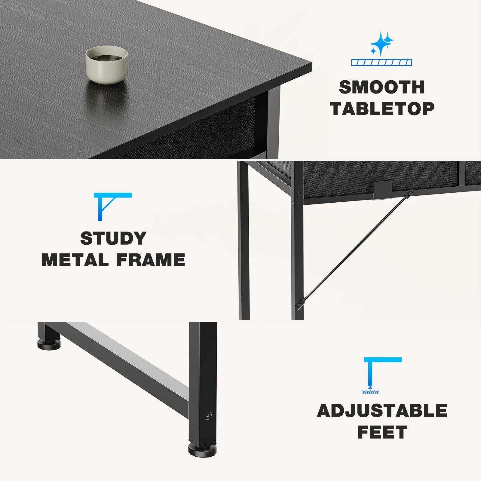 JHK 32 Inch Modern Office Computer Desk with Fabric Storage Drawers Space Side Bag Metal Frame Adjustable Feet For Home PC Table