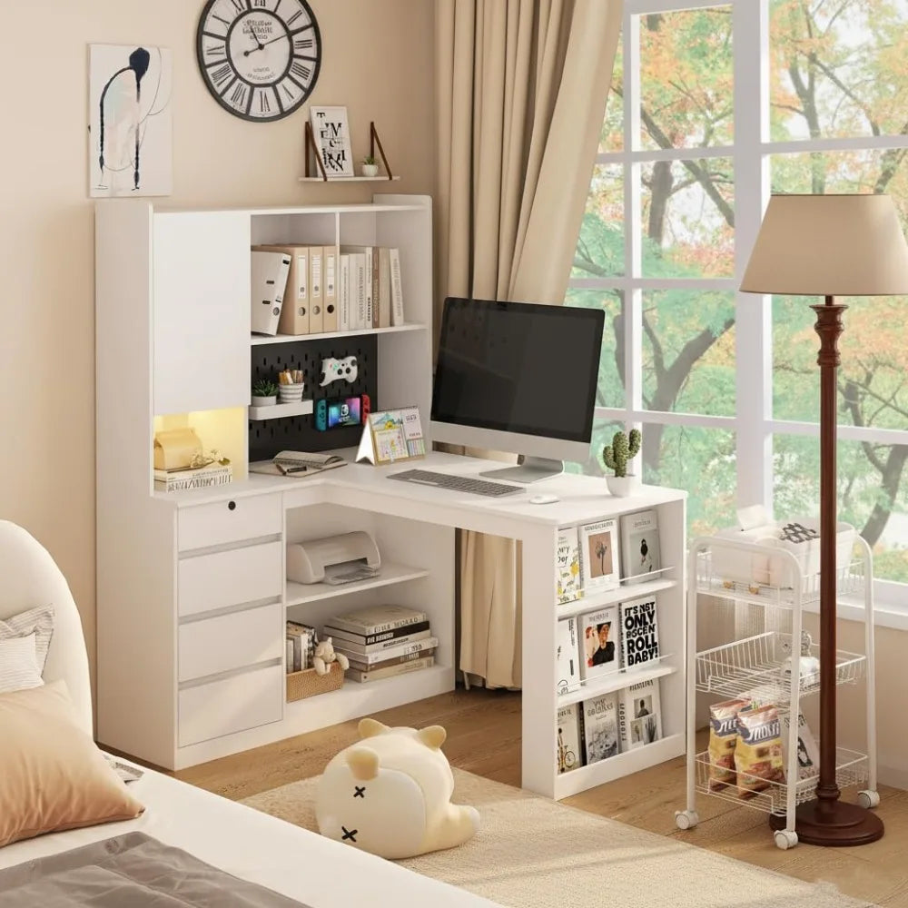 L Shaped Computer Desk with Hutch, Corner Computer Desk with Charging Station, Home Office Desk with Drawers, White, Customized