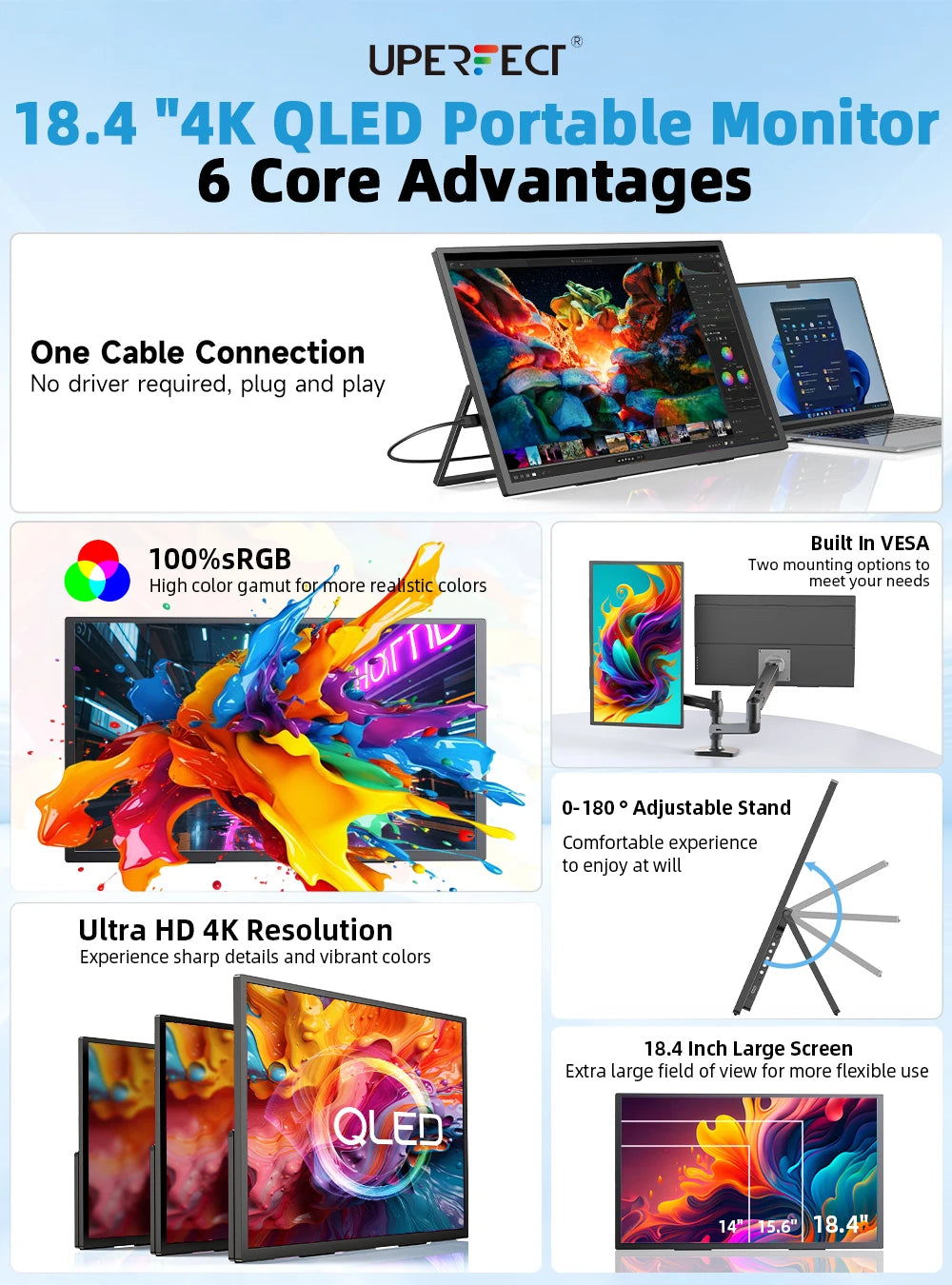 UPERFECT 18.4 inch 4K QLED Portable Monitor Gaming Computer Display Ultra-Slim Extend Screen For PS5/4 Switch Laptop PC Mac Xbox
